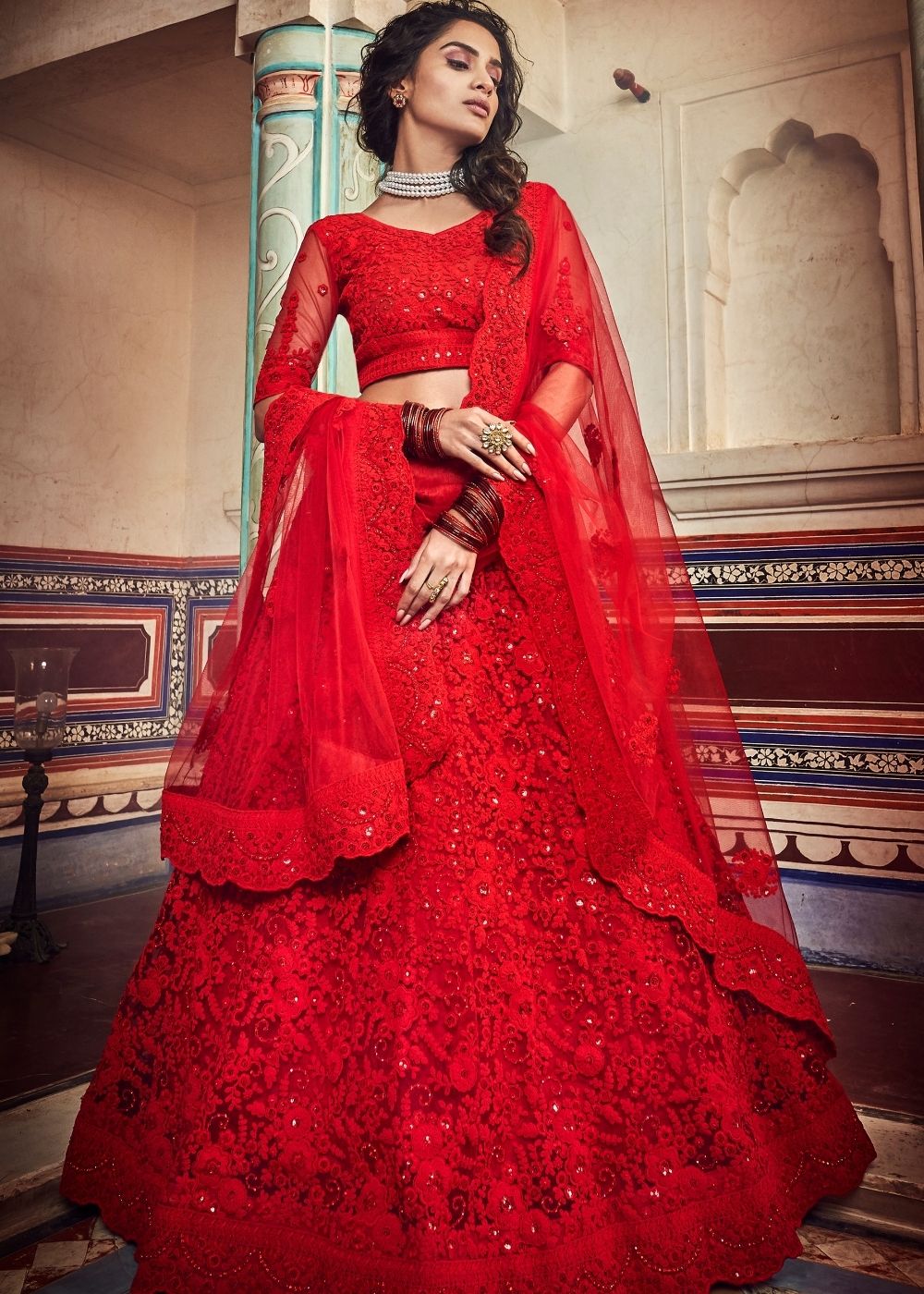 Chilli Red Soft Net Lehenga Choli with Sequins,Dori & Zarkan work