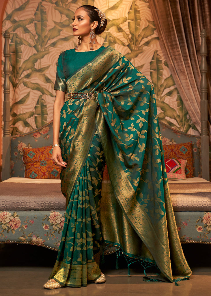 Pure Banarasi Silk Sarees Dark Green Colour, Wedding Wear | YOYO Fashion