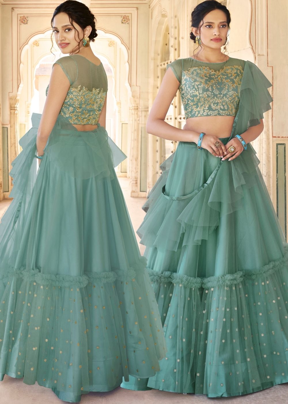 Buy Teal Blue Sequins Net Lehenga Choli With Dupatta Online At Zeel Clothing