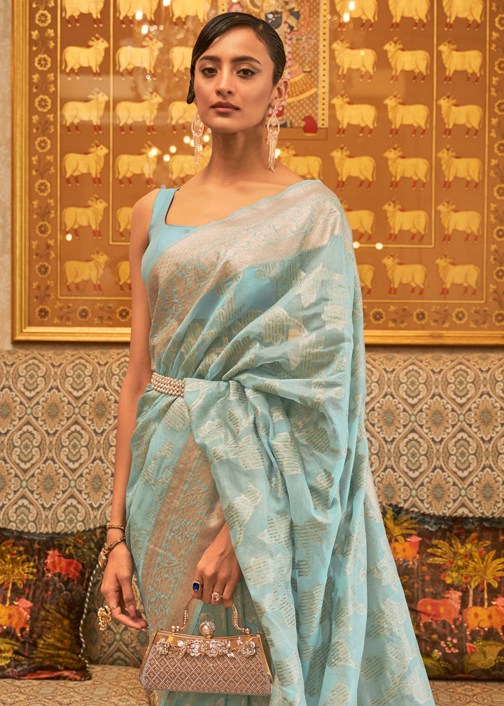 Arctic Blue Handloom Woven Silk Saree with Sequins work