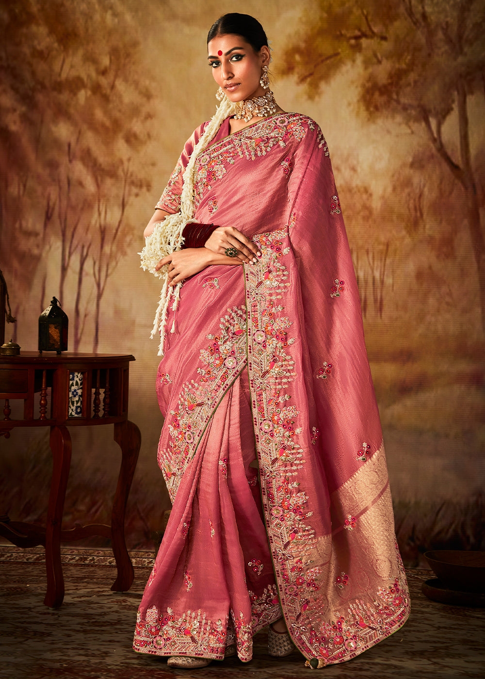 Buy Pebble Brown Silk Saree Adorned With Floral Buttis, Zardosi Embroidery  And 3D Sequins