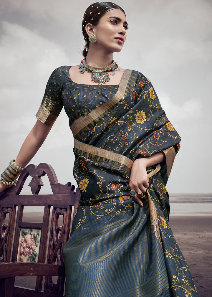 Anchor Grey Printed Designer Silk Saree with Weaving Border