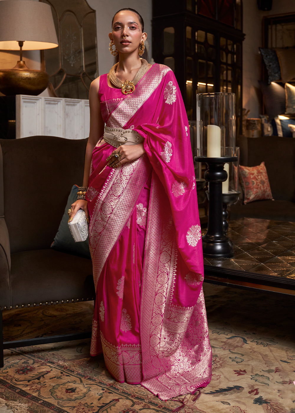 Hot Pink Pure Banarasi Handloom Katan Silk Saree - Aura Benaras