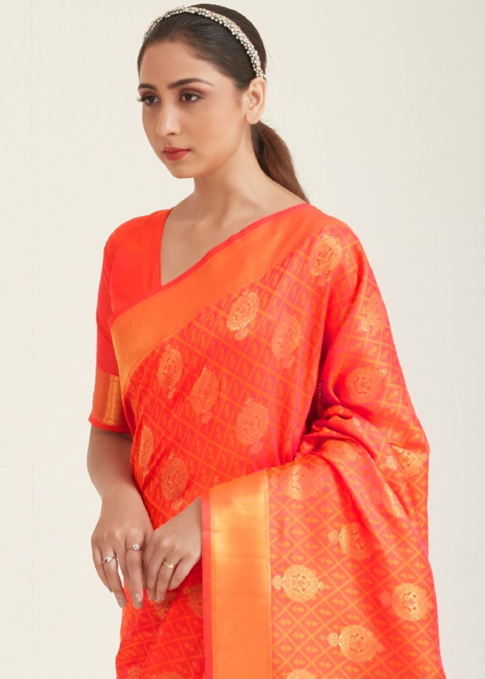 Fire Orange Zari Butta Woven Banasari Silk Saree