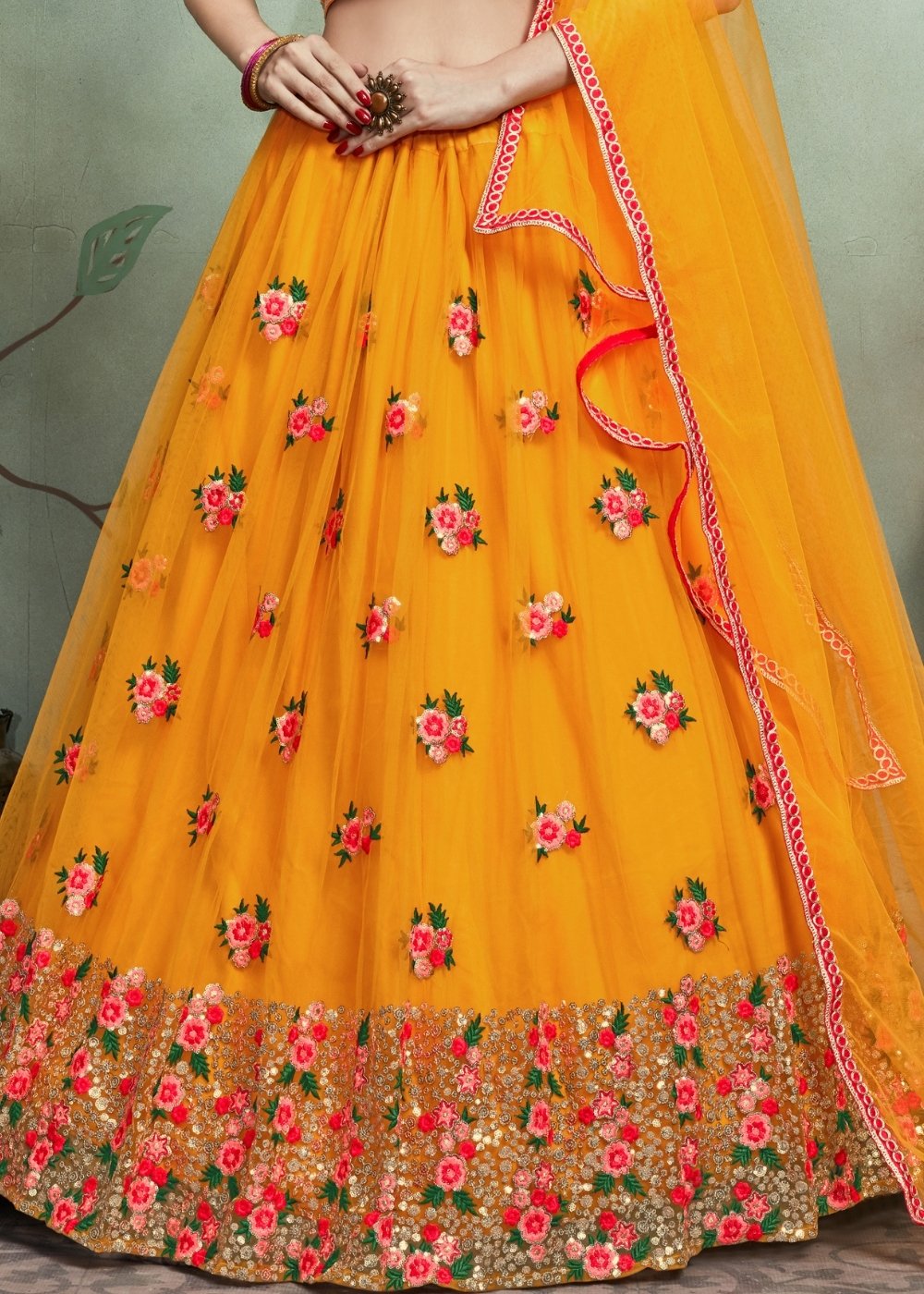 Gold Yellow Designer Soft Net Lehenga Choli with Sequins & Thread work