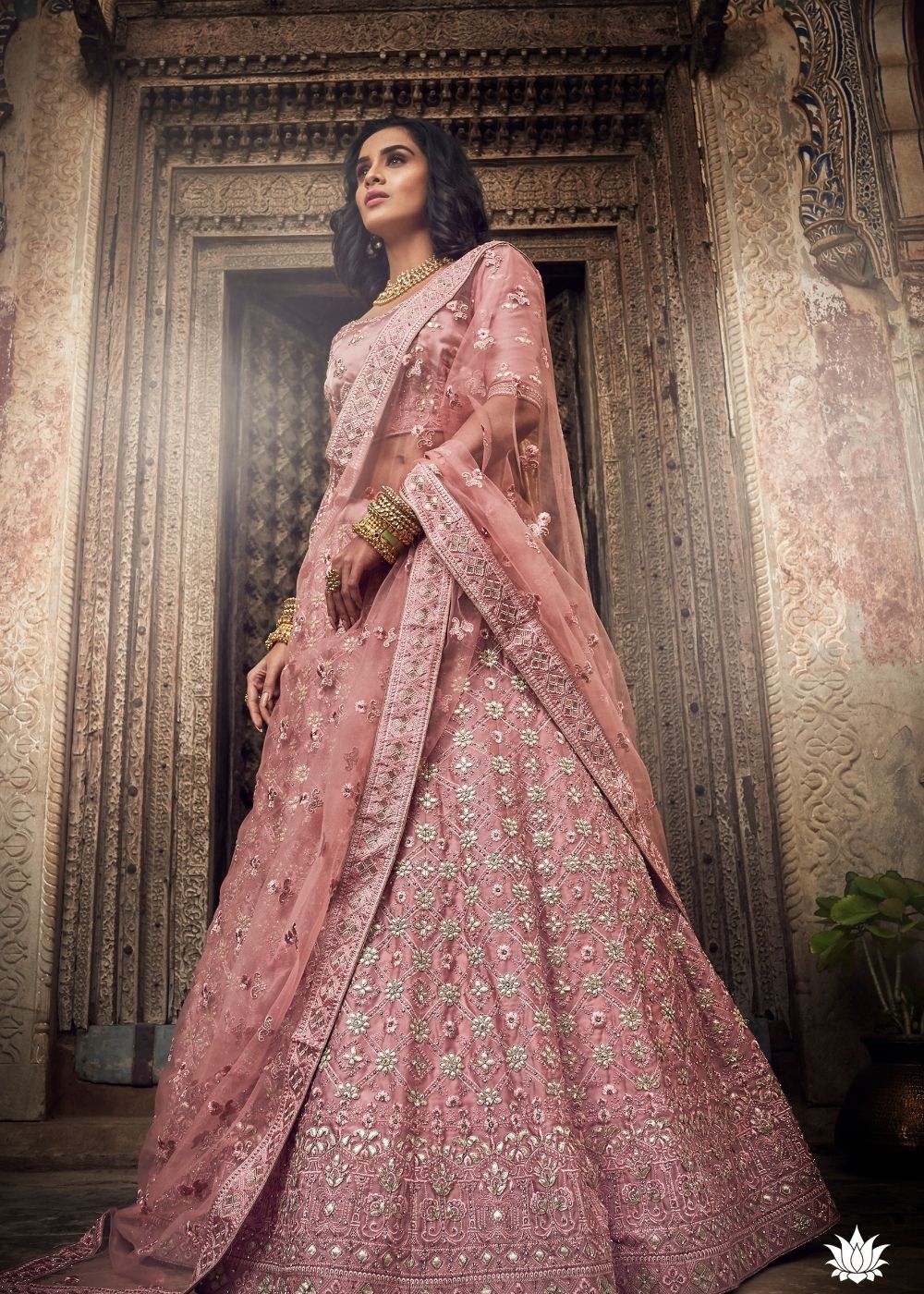 Salmon Pink Satin Lehenga Choli with Gota, Thread, Zarkan and Zari work