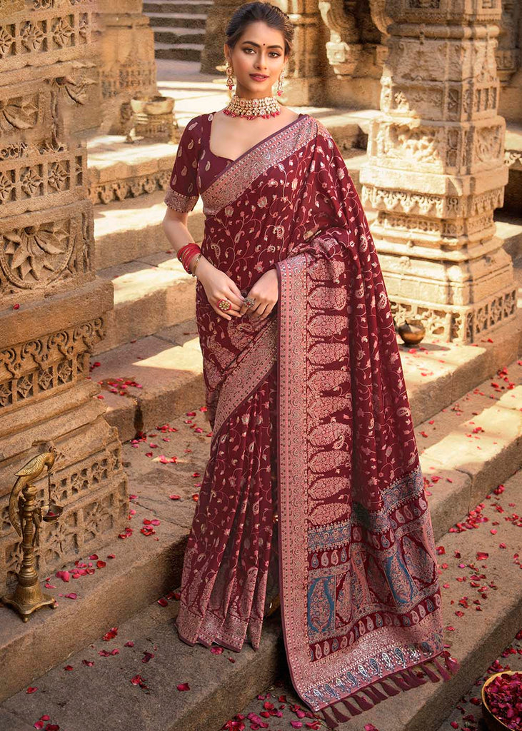 Floral Woven Pure Banarasi Silk Saree in Maroon – Jotey