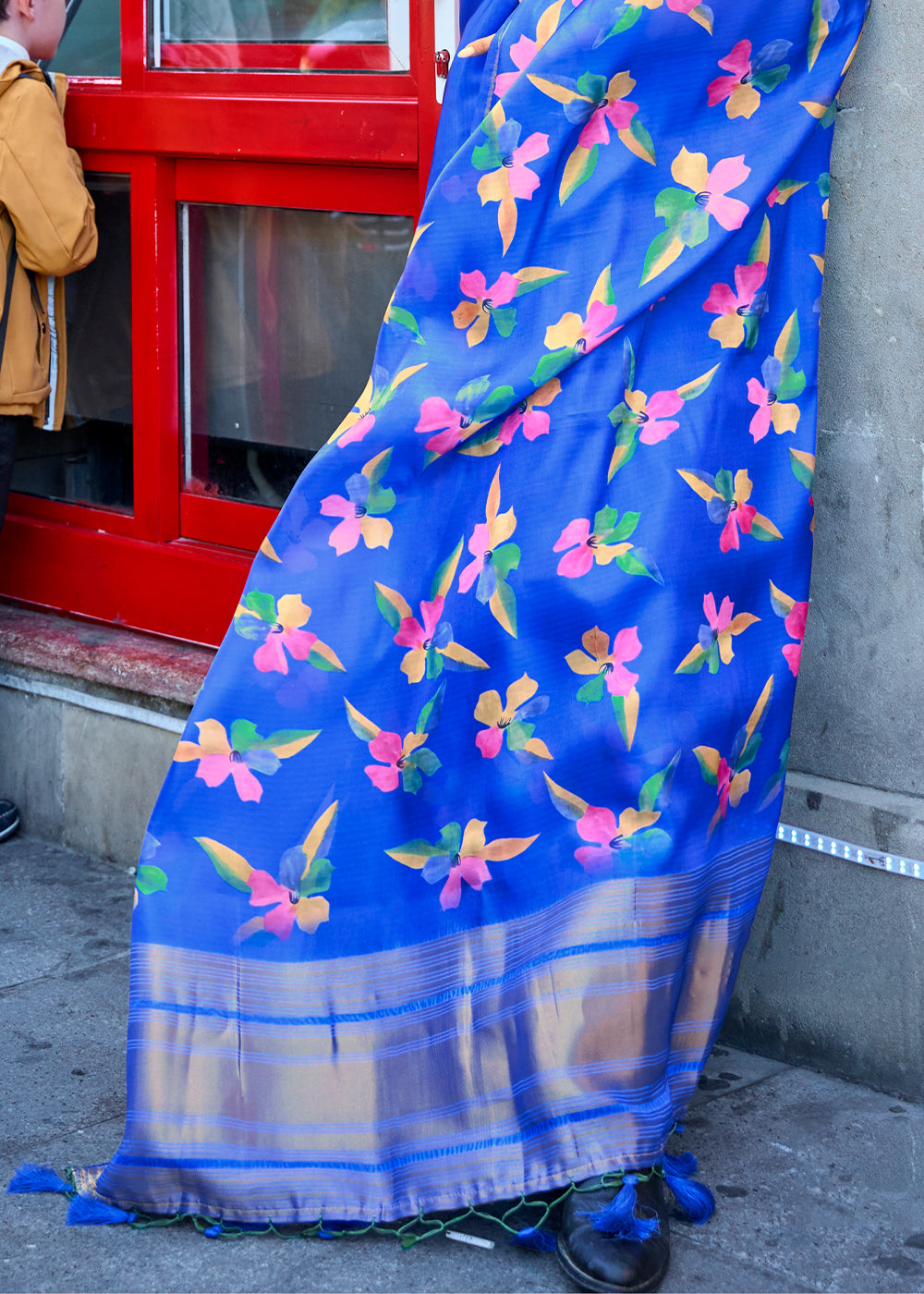 Cobalt Blue Floral Printed Satin Organza Saree