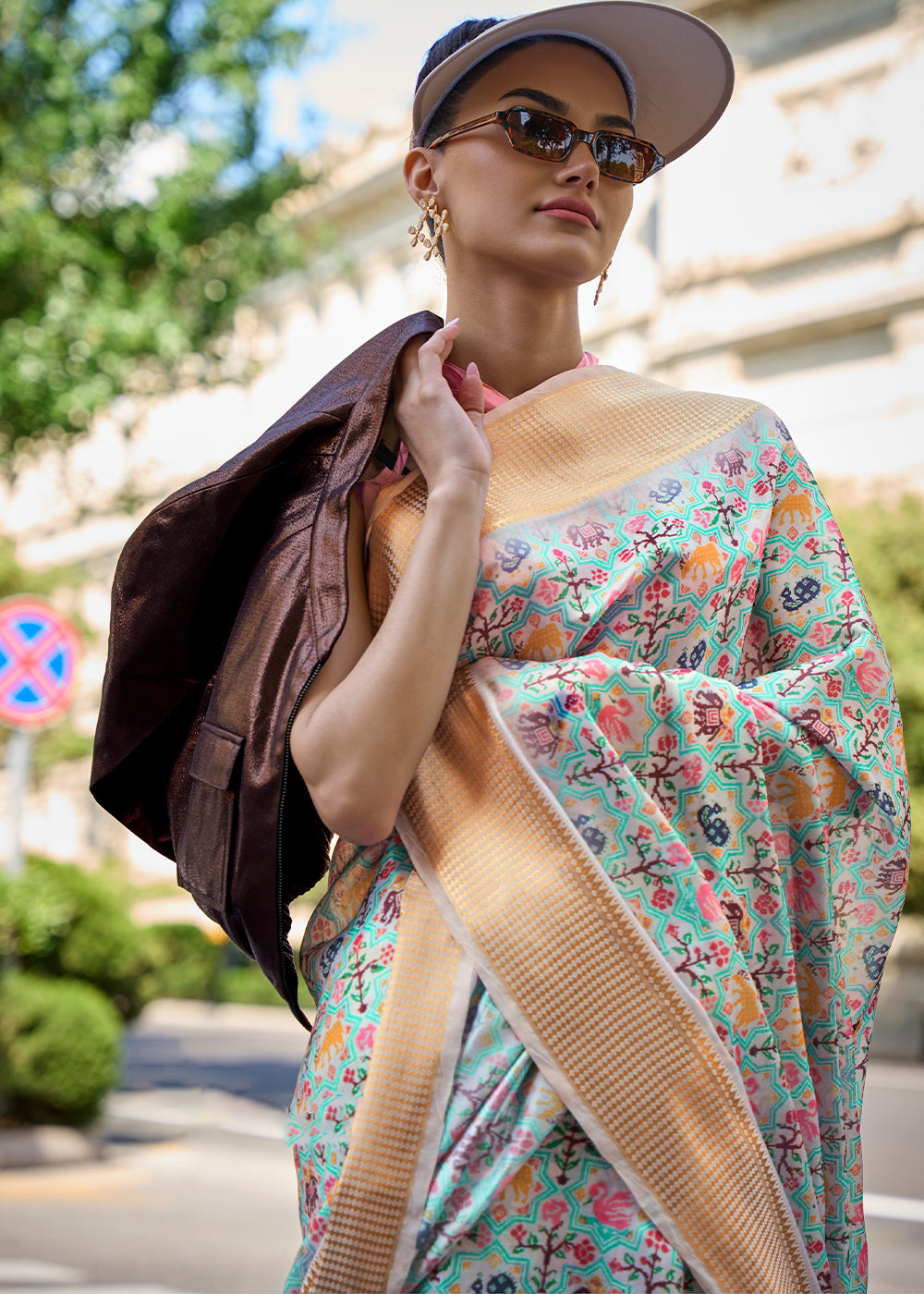 Tea Green Floral Printed Satin Organza Saree