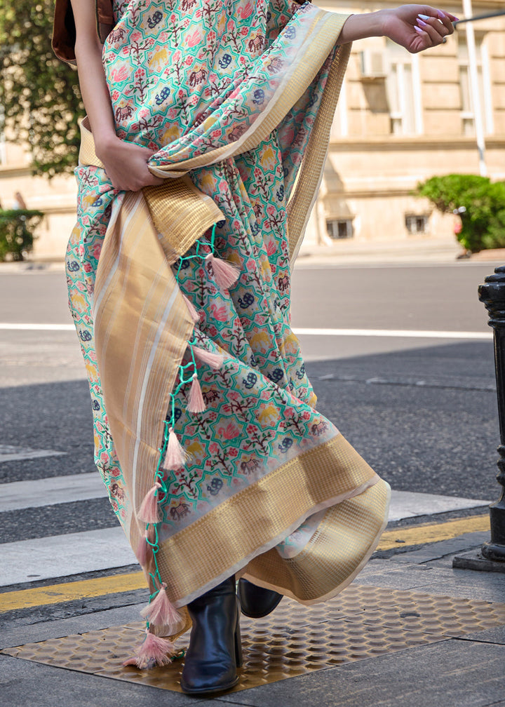 Tea Green Floral Printed Satin Organza Saree