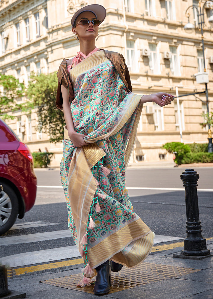 Tea Green Floral Printed Satin Organza Saree