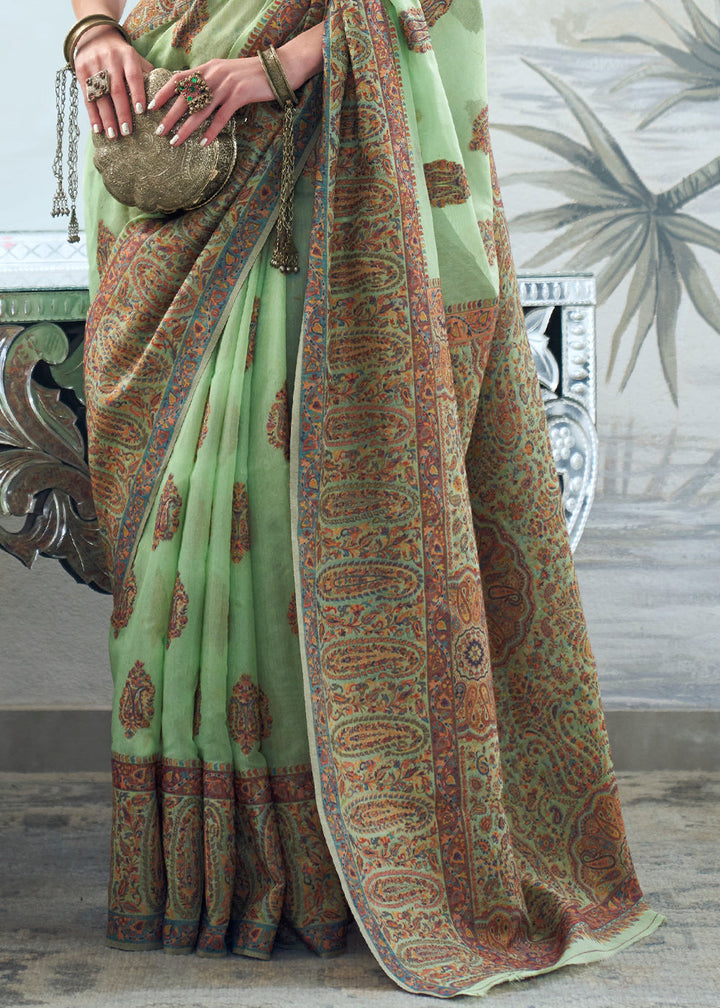 Cool Green Kashmiri Handloom Weaving Silk Saree