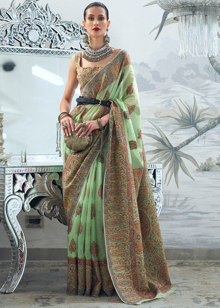 Cool Green Kashmiri Handloom Weaving Silk Saree