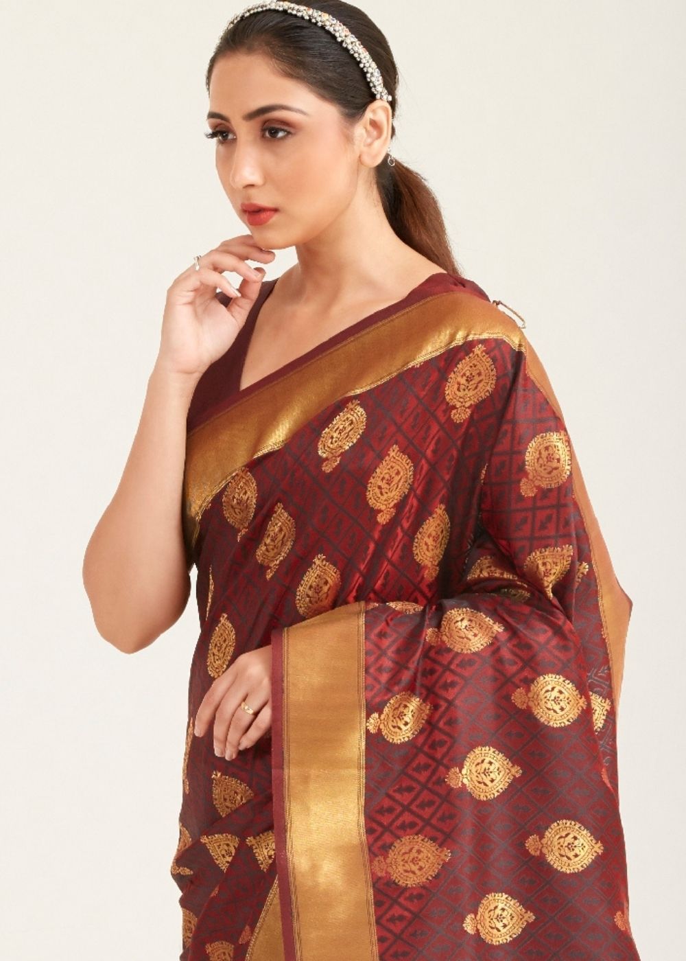 Caramel Brown Zari Butta Woven Banasari Silk Saree