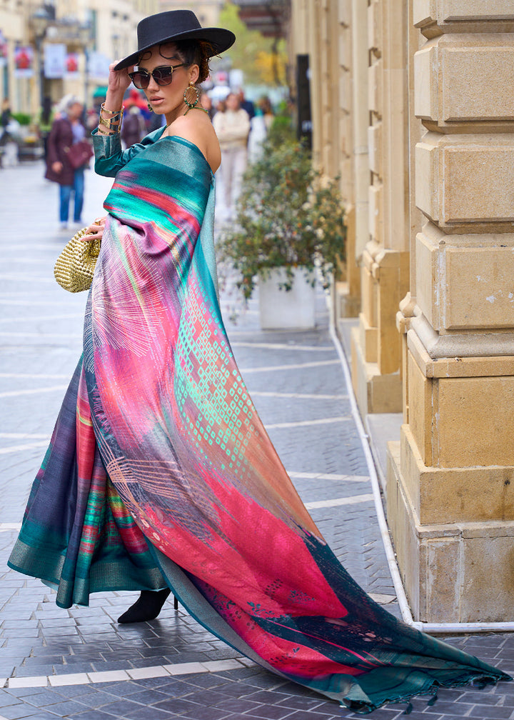 Multi Colored Digital Floral Printed Silk Saree