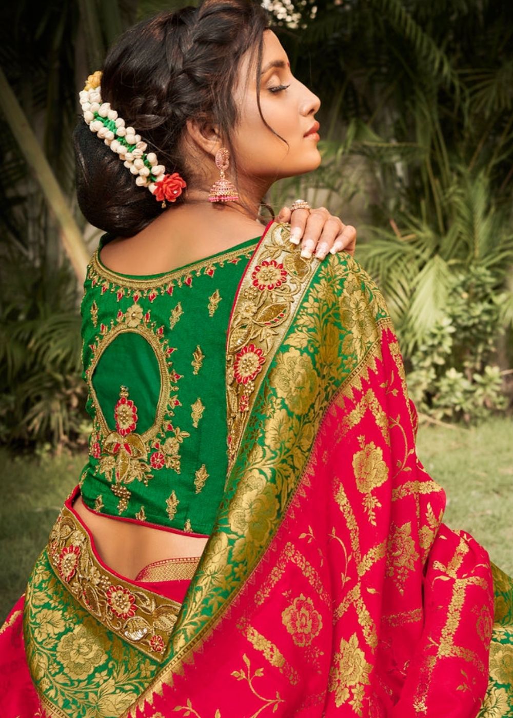 Ruby Pink and Green Banarasi Dola Silk Saree with Resham Embroidery, Zari and Moti work