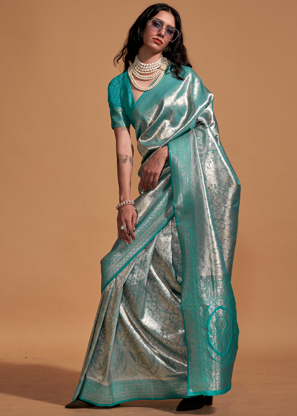 Curious Blue Kanjivaram Silk Saree Woven with Silver & G