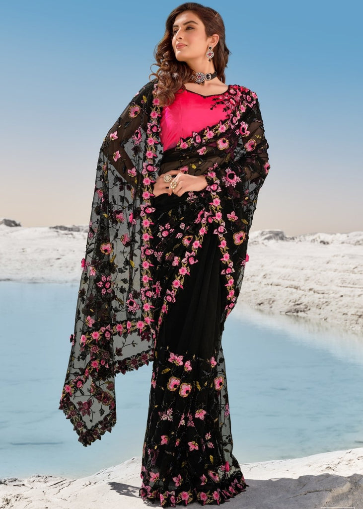 seymore Floral Print Wedding Chiffon Saree (Black) in Surat at best price  by A.T.K Life Style - Justdial