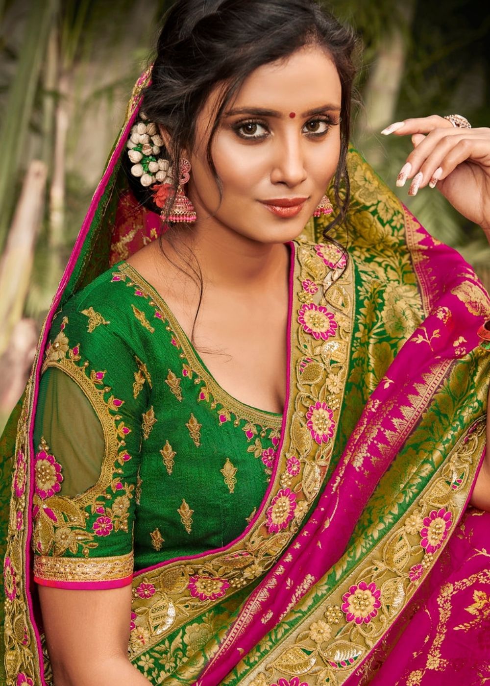 Magenta and Green  Banarasi Dola Silk Saree with Resham Embroidery, Zari and Moti work