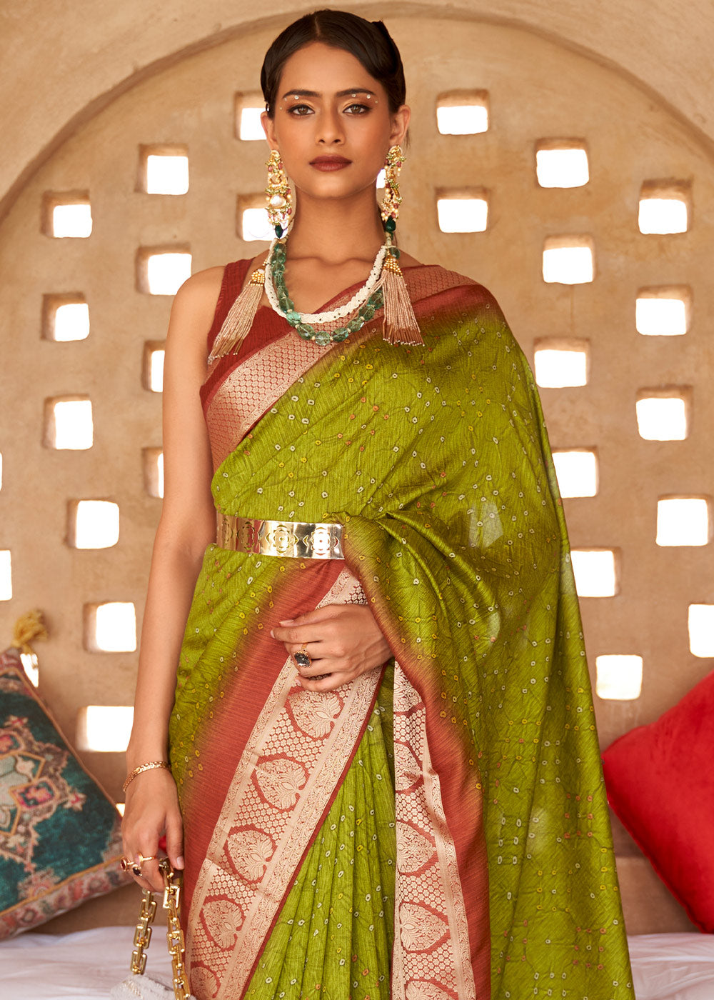 Avocado Green Bandhani Design Silk Saree with Jacquard Border & Pallu