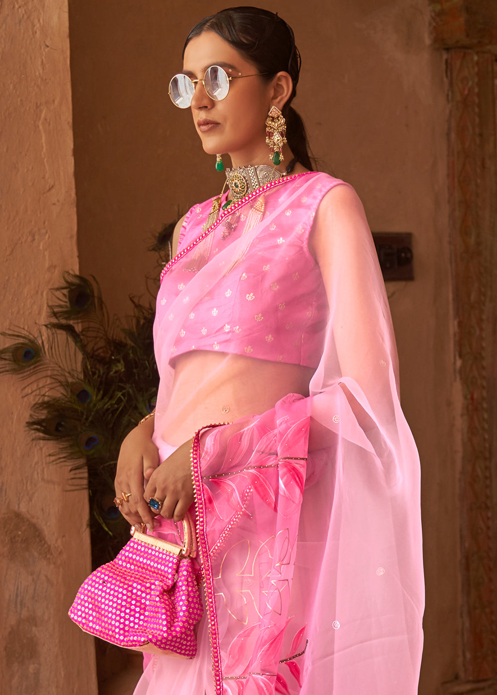 Latest Digital Light Pink Organza Saree