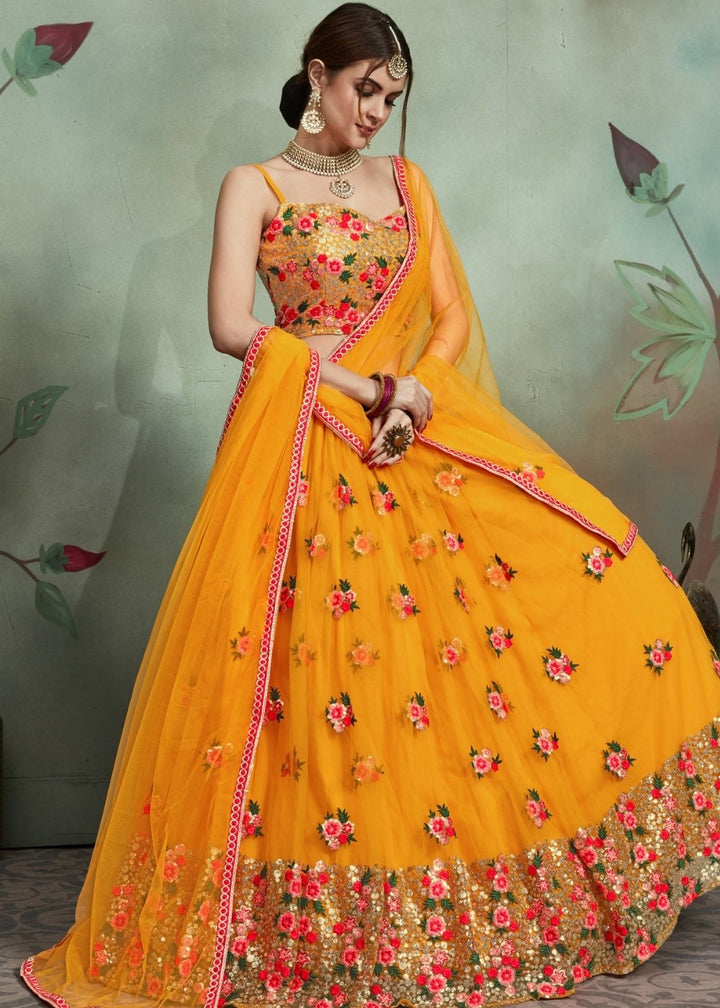 Gold Yellow Designer Soft Net Lehenga Choli with Sequins & Thread work