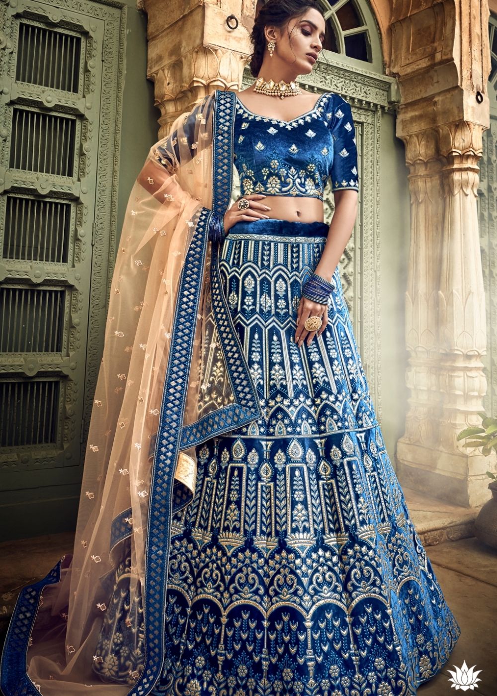 Azure Blue Pure Velvet Lehenga Choli with Thread, Zari and Pure Gota work