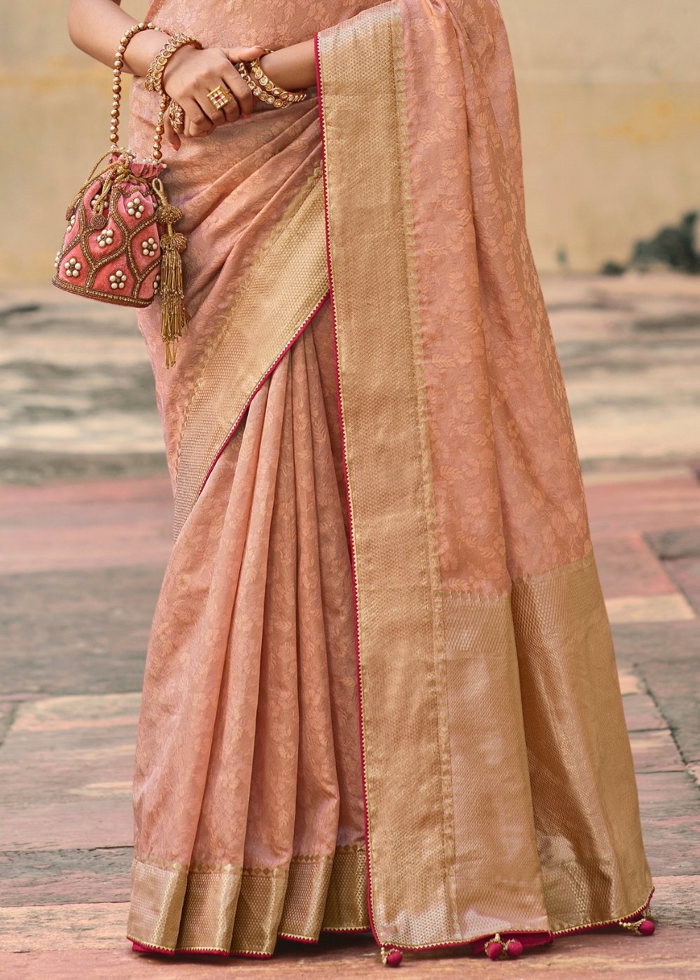 Peach Pink Jacquard Silk Saree with Zari Border & Pallu