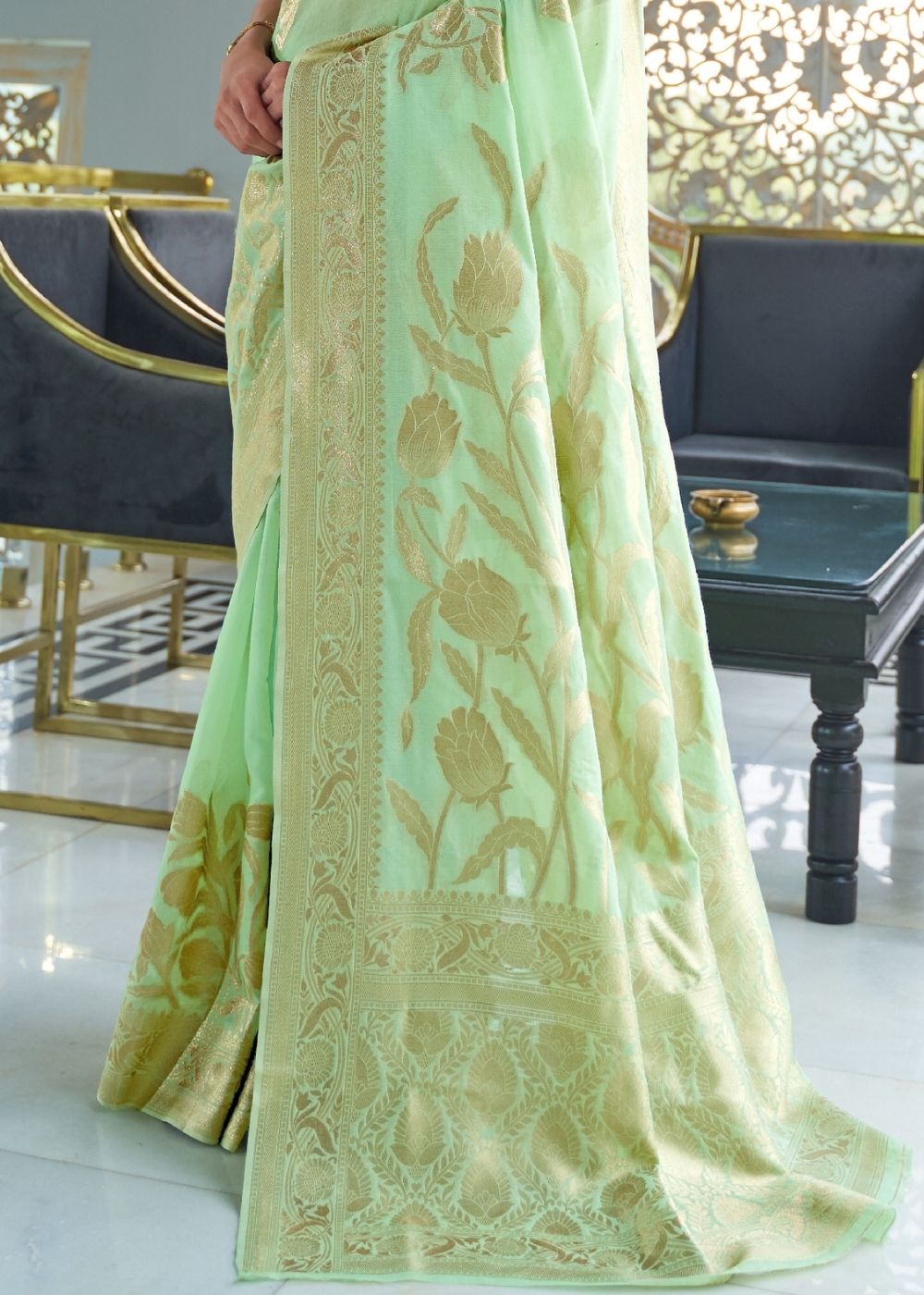 Mint Green Weaving Work Tusser Silk Saree – Maharani