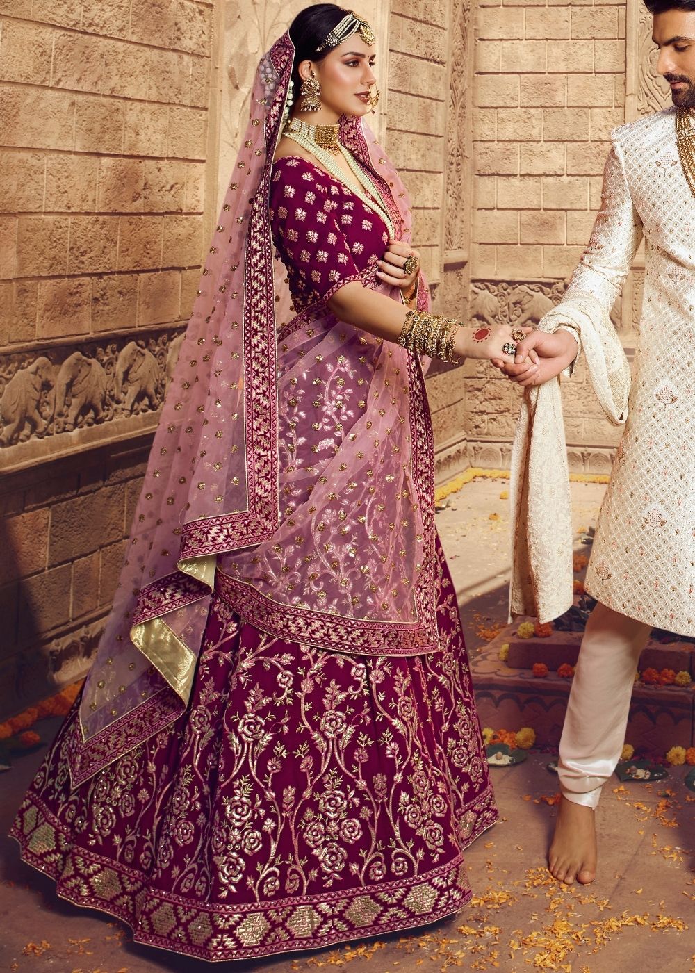 Wine Pink Georgette Bridal Lehenga Choli with Resham and Jari Embroidery