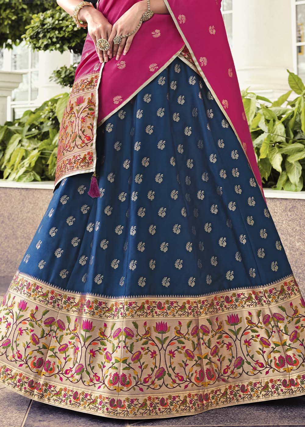 Buy Navy Blue and Pink Banarasi silk Indian wedding lehenga in UK, USA and  Canada