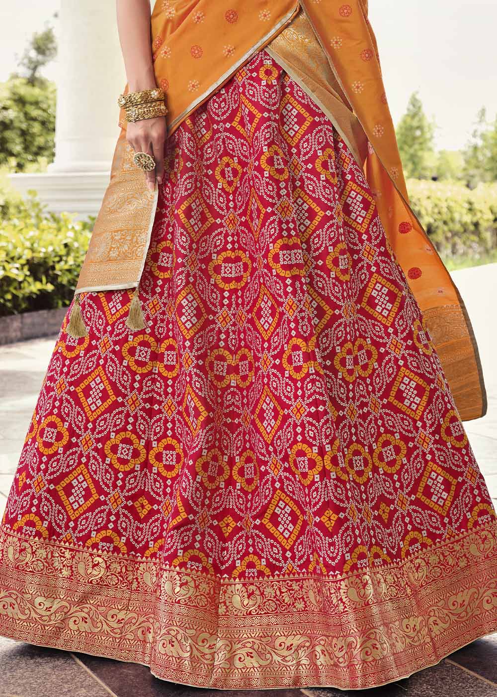 Digital Print Red Color Silk Fabric Banarasi Lehenga With Contrast Dupatta