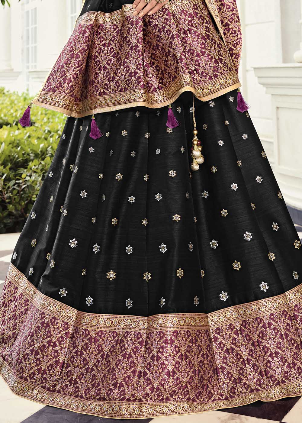 Deep Black Lehenga with Pink Choli & Yellow Dupatta with Gold  Embellishments - Seasons India