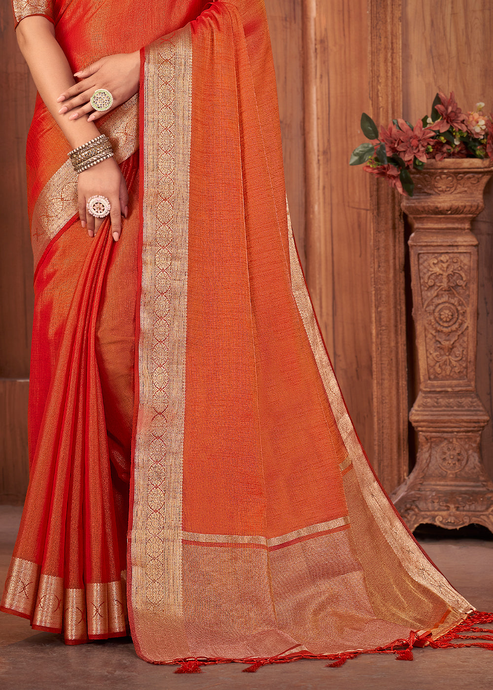 Shades Of Red Zari Woven Tussar Silk Saree