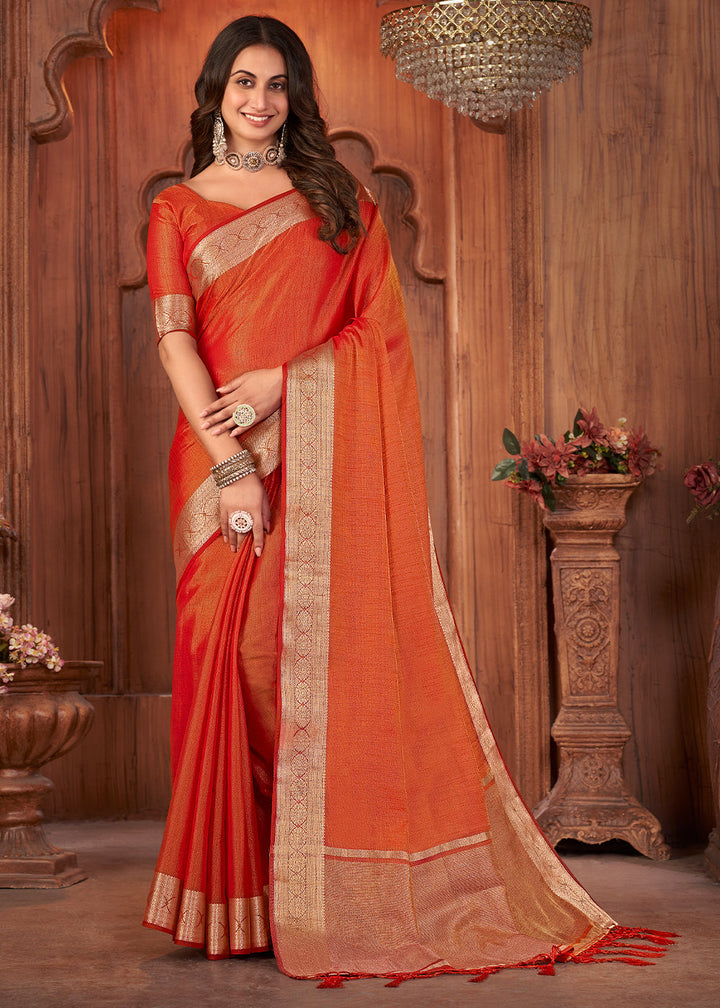 Shades Of Red Zari Woven Tussar Silk Saree