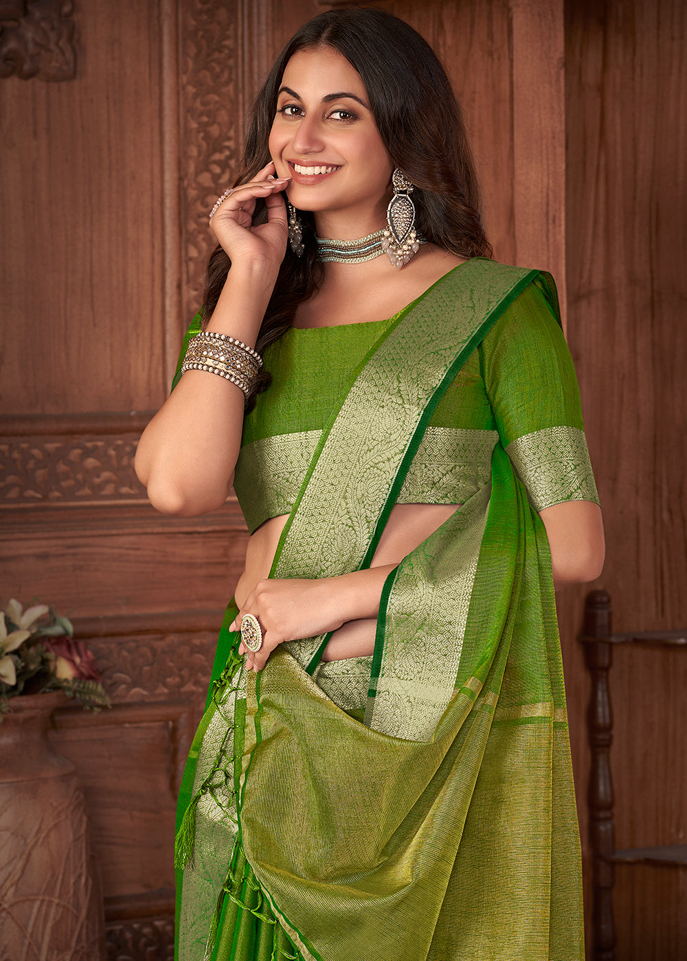 Emerald Green Zari Woven Tussar Silk Saree