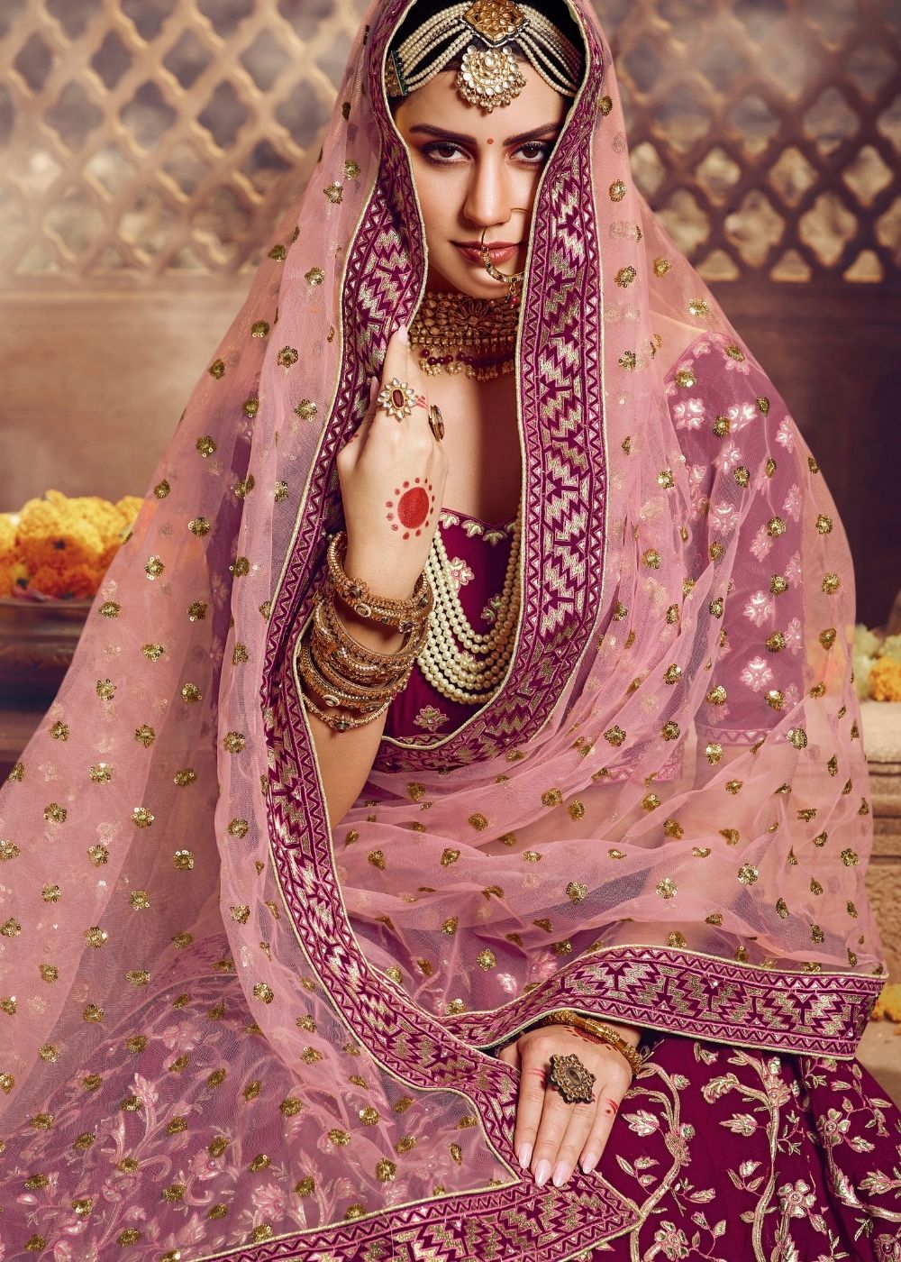 Embroidered Georgette Lehenga in Shaded Pink and Wine : LCC2459