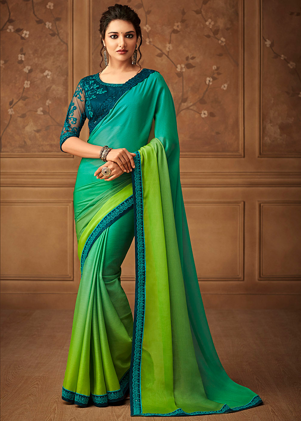 Shades Of Green Designer Embroidered Chiffon Silk Saree with Sequence ...