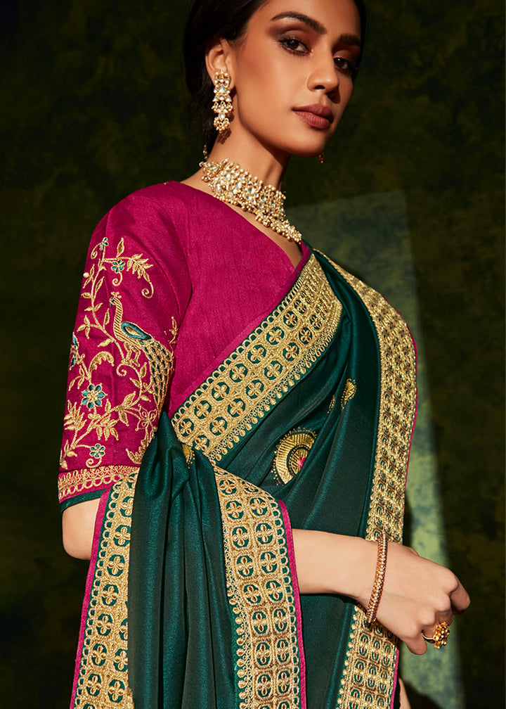 Sacramento Green Designer Silk Saree with Contrast Blouse