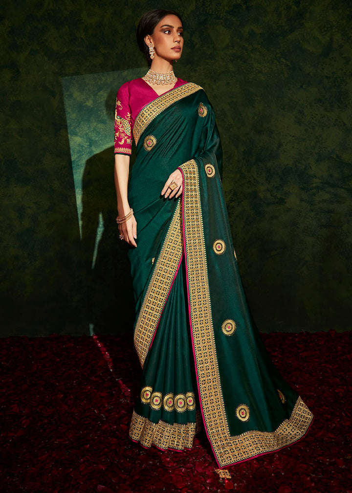 Sacramento Green Designer Silk Saree with Contrast Blouse