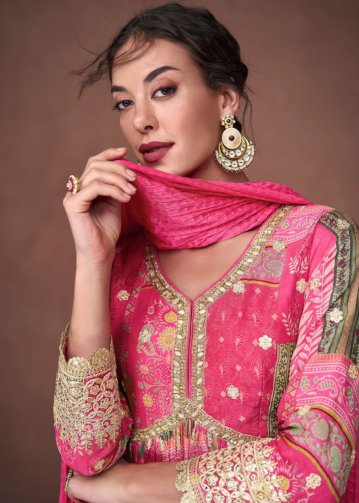 Hot Pink Floral Printed Organza Silk Anarkali Suit with Embroidery work