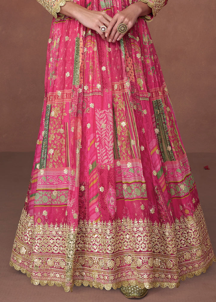 Hot Pink Floral Printed Organza Silk Anarkali Suit with Embroidery work