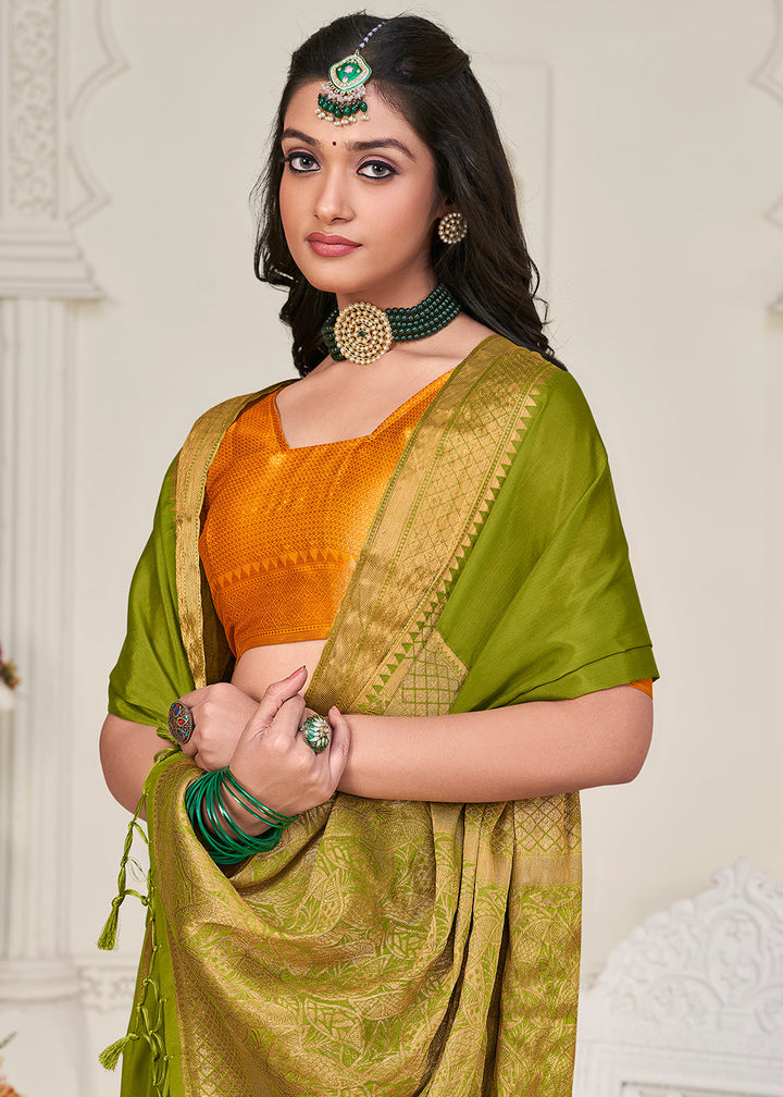 Olive Green Woven Chinon Silk Saree