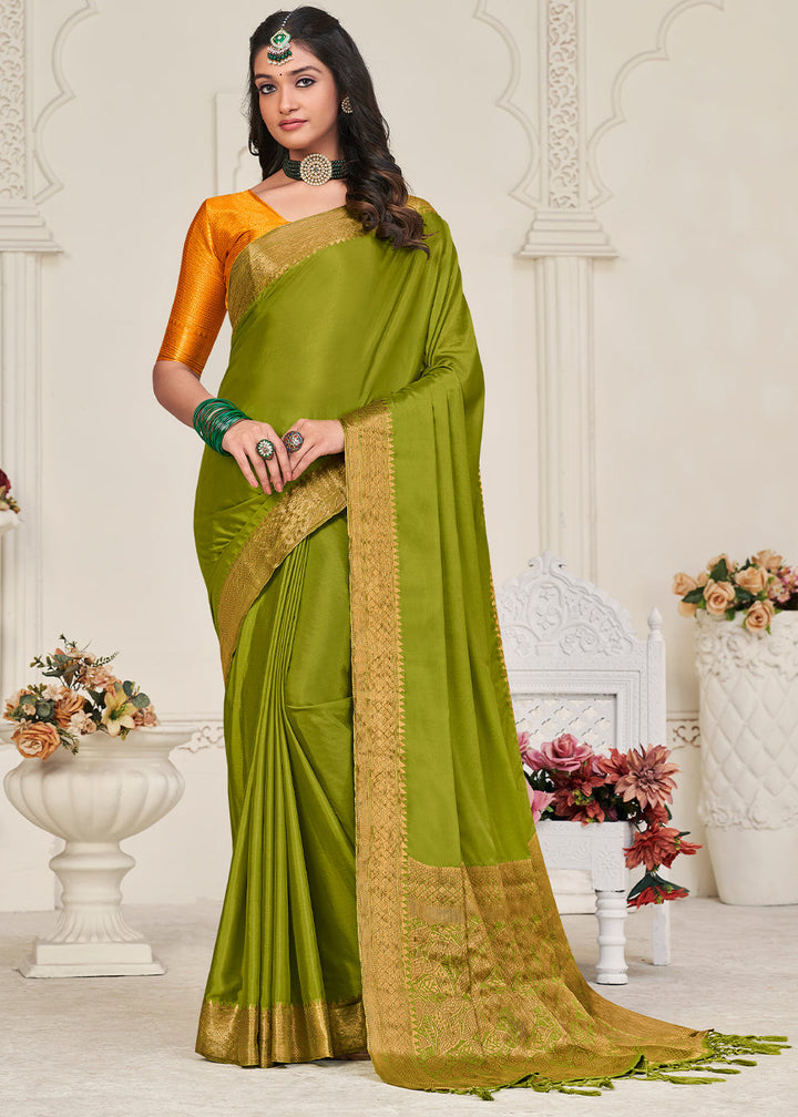 Olive Green Woven Chinon Silk Saree