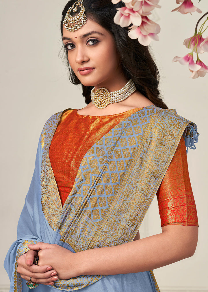 Powder Blue Woven Chinon Silk Saree