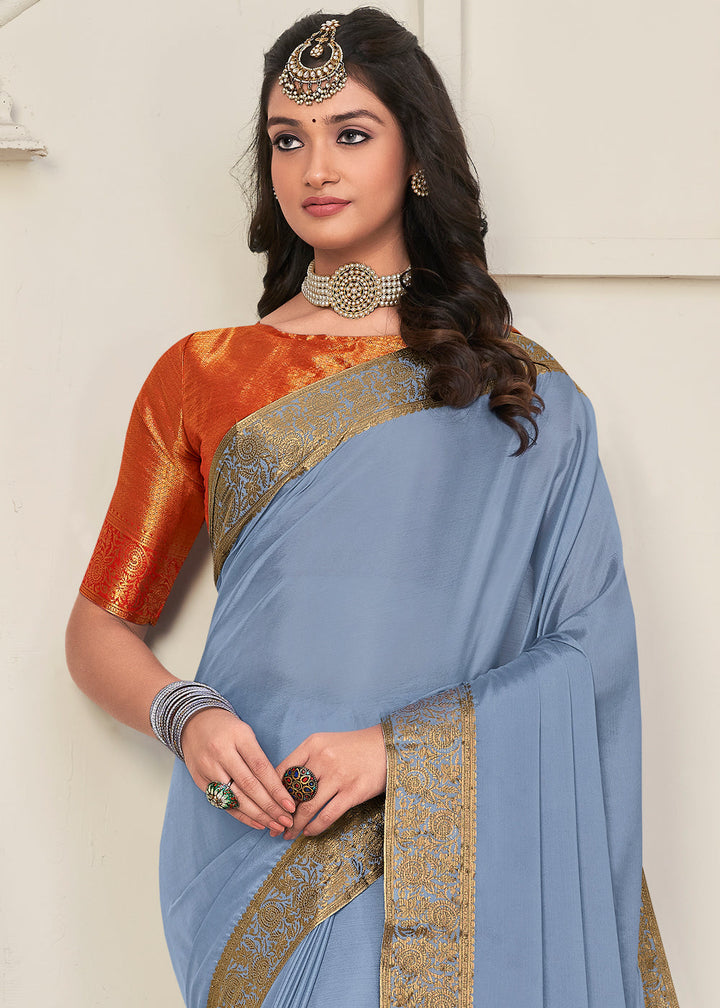 Powder Blue Woven Chinon Silk Saree