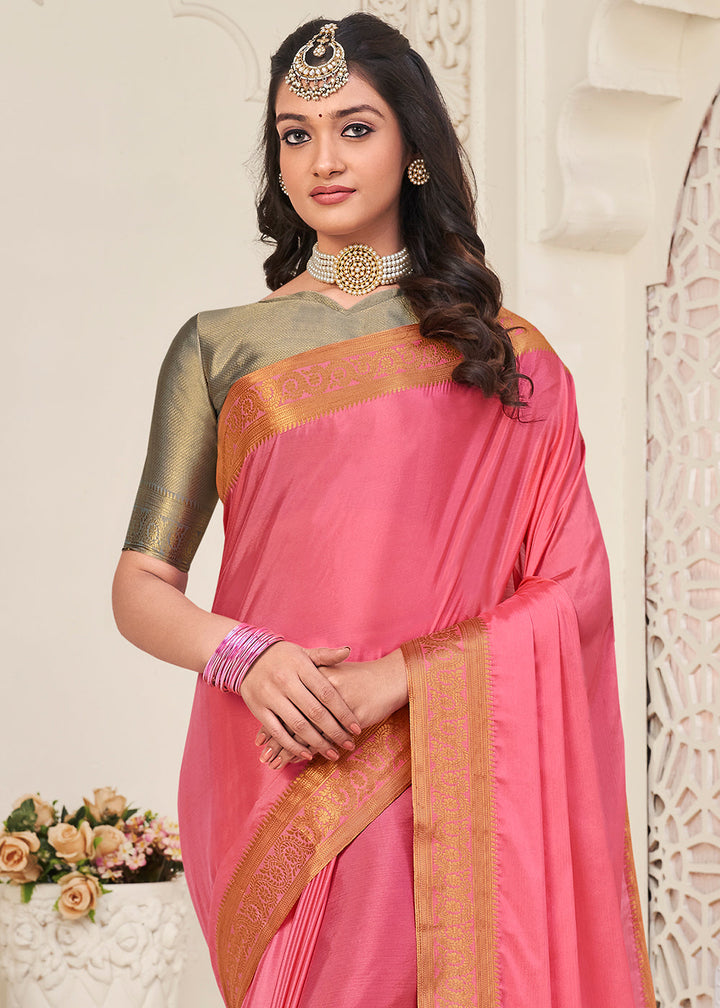 Brink Pink Woven Chinon Silk Saree