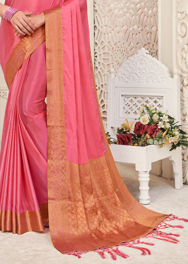 Brink Pink Woven Chinon Silk Saree