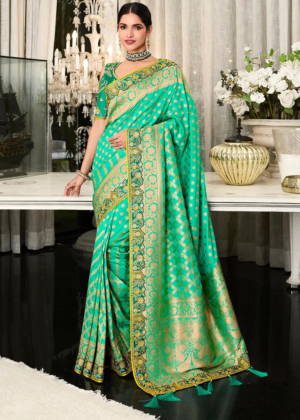 Mint Green Dual Tone Banarasi Satin Silk Saree - Urban Womania