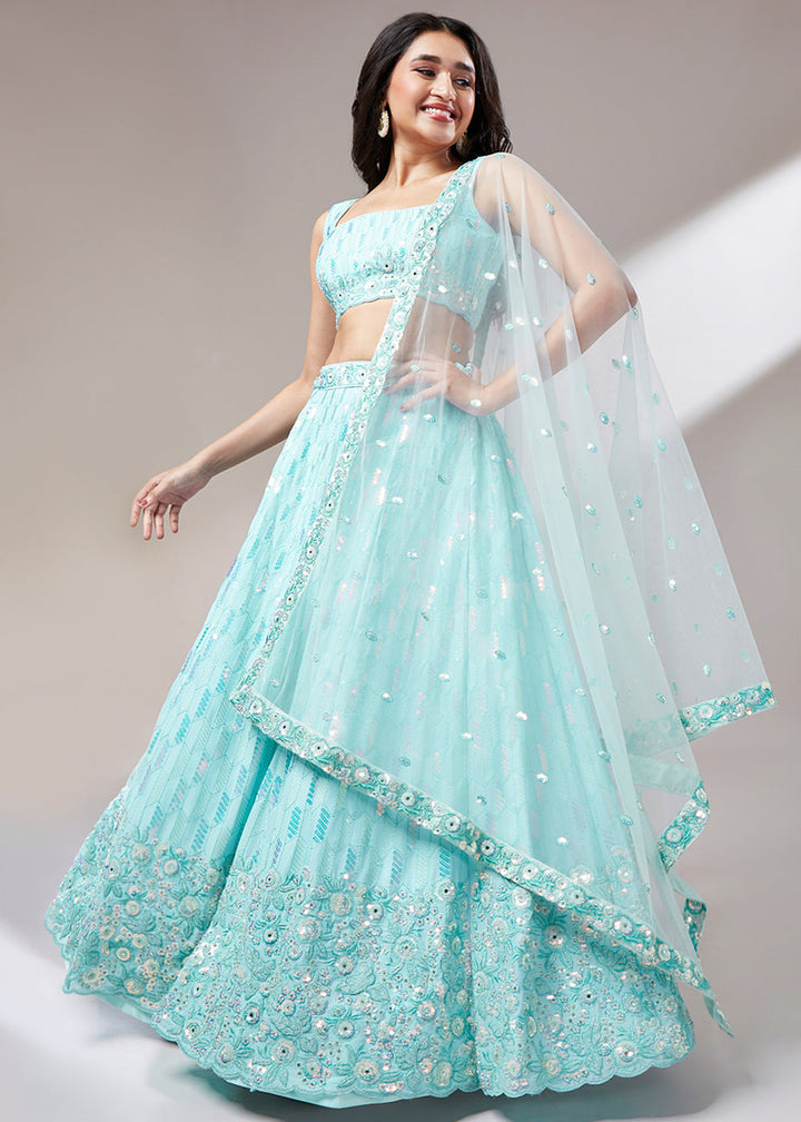 Aqua Blue Georgette Lehenga Choli with Sequins,Coding & Zarkan work